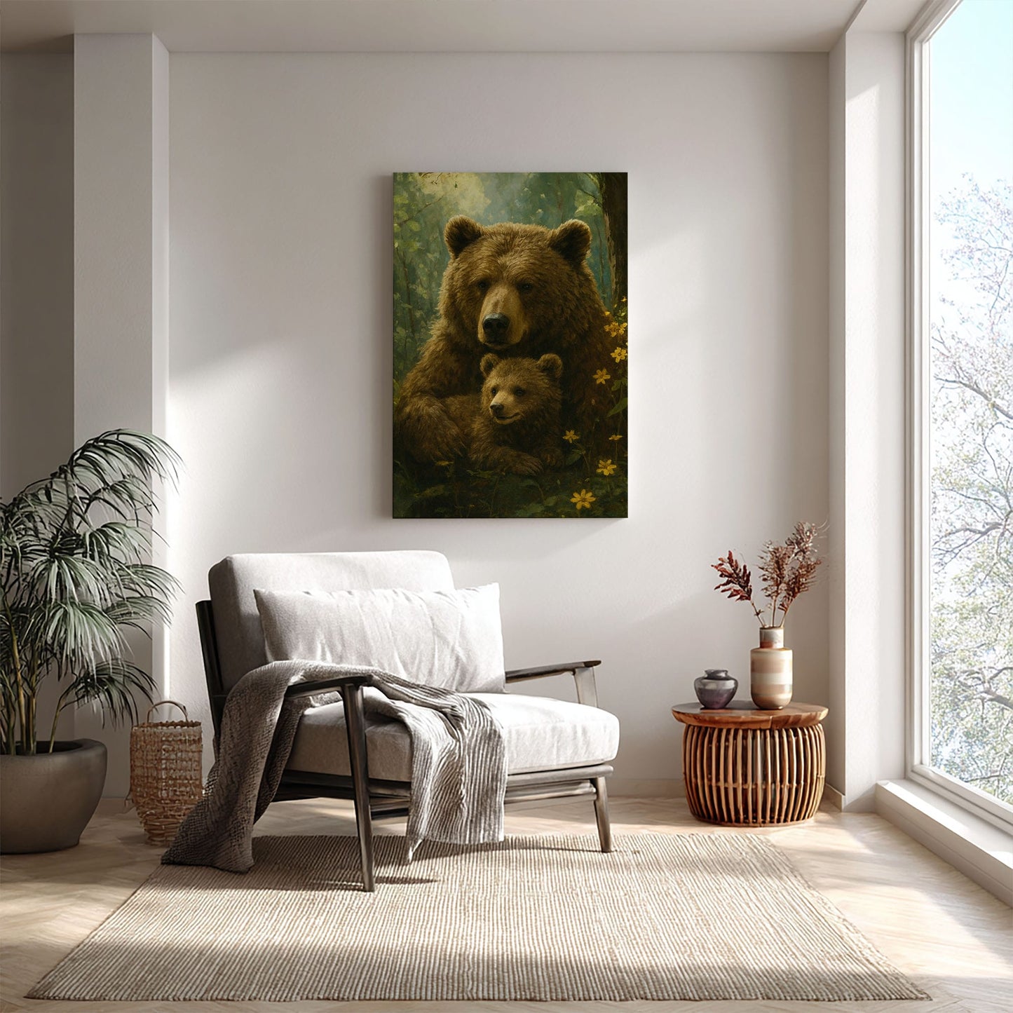 Mama Bear & Cub Canvas Cozy Forest Wildlife Wall Art