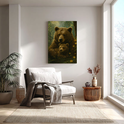 Mama Bear & Cub Canvas Cozy Forest Wildlife Wall Art