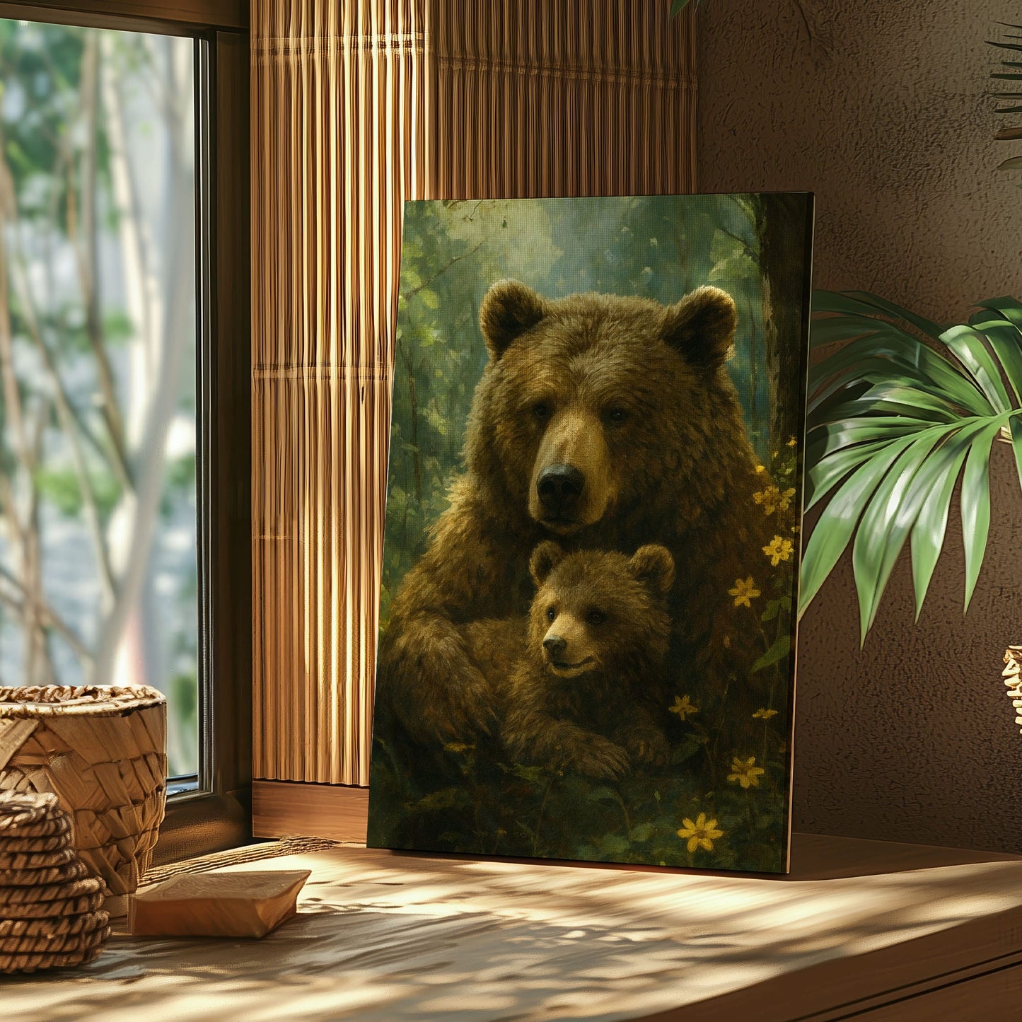 Mama Bear & Cub Canvas Cozy Forest Wildlife Wall Art
