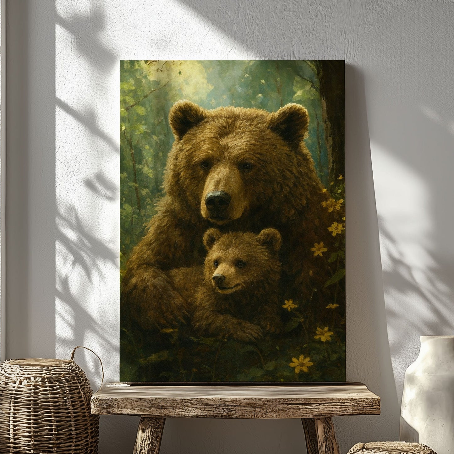 Mama Bear & Cub Canvas Cozy Forest Wildlife Wall Art