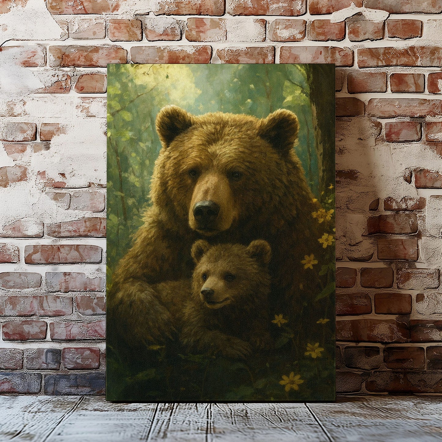Mama Bear & Cub Canvas Cozy Forest Wildlife Wall Art