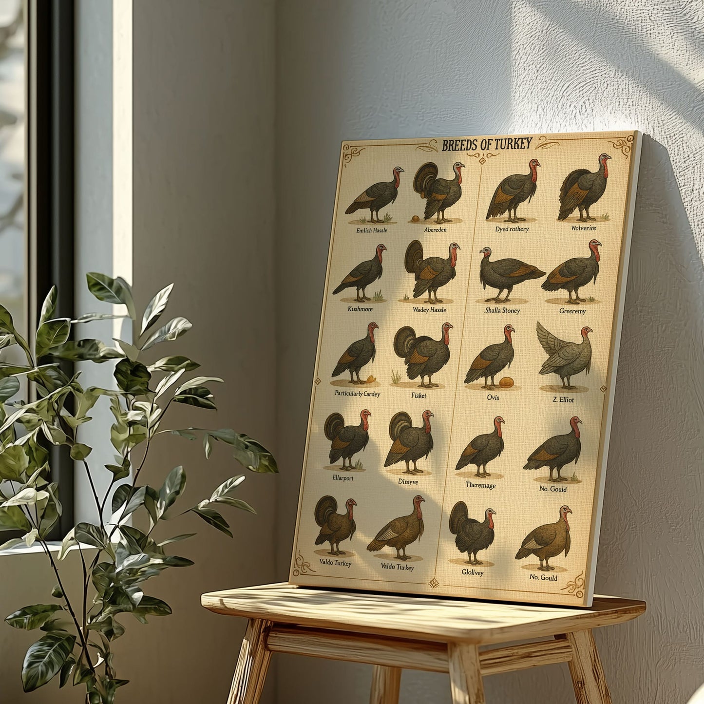 Vintage Turkey Breeds Chart Canvas Antique Poultry Wall Art