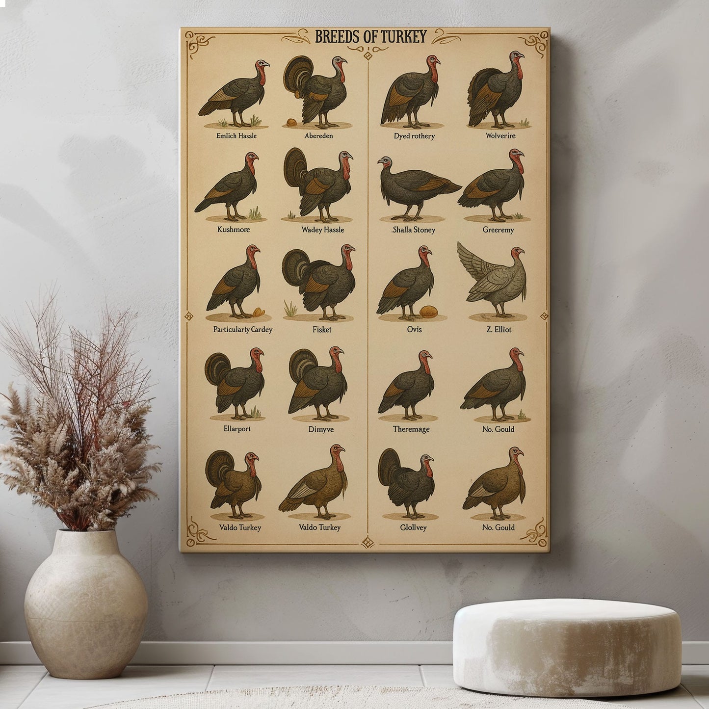 Vintage Turkey Breeds Chart Canvas Antique Poultry Wall Art
