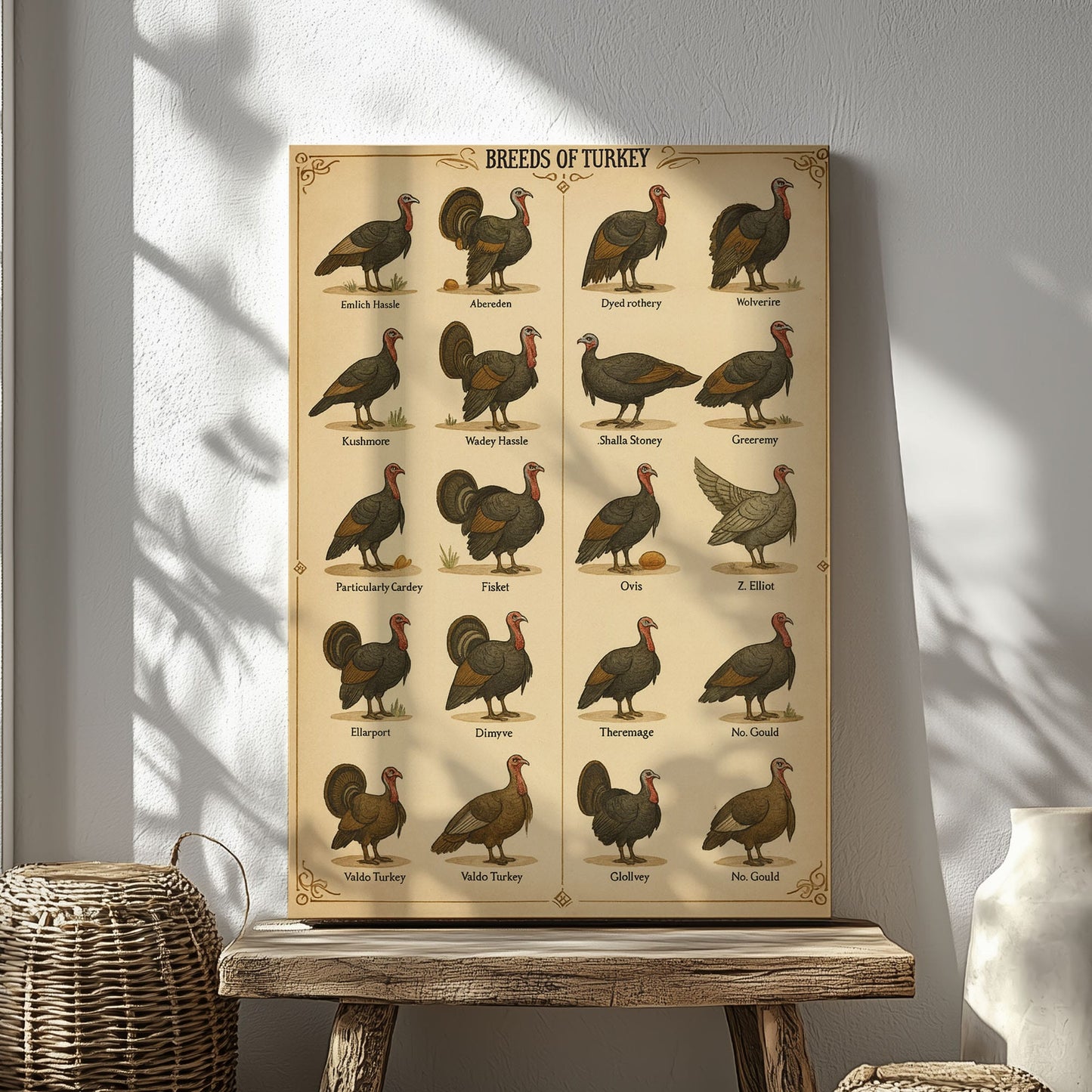 Vintage Turkey Breeds Chart Canvas Antique Poultry Wall Art