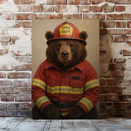 Firefighter Bear Canvas Heroic Animal Wall Art for Home & Office