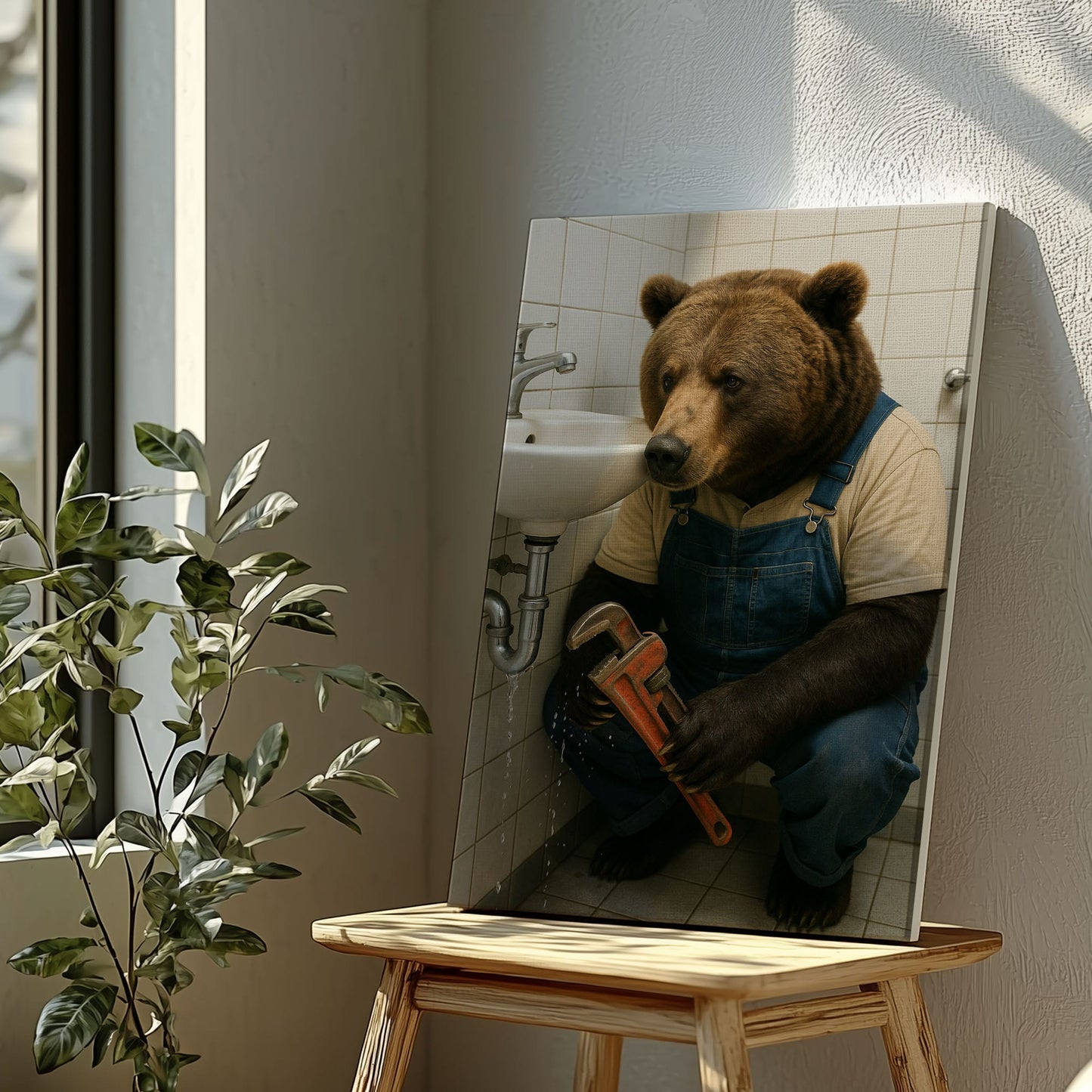 Plumber Bear Canvas Funny Handyman Bathroom Wall Art