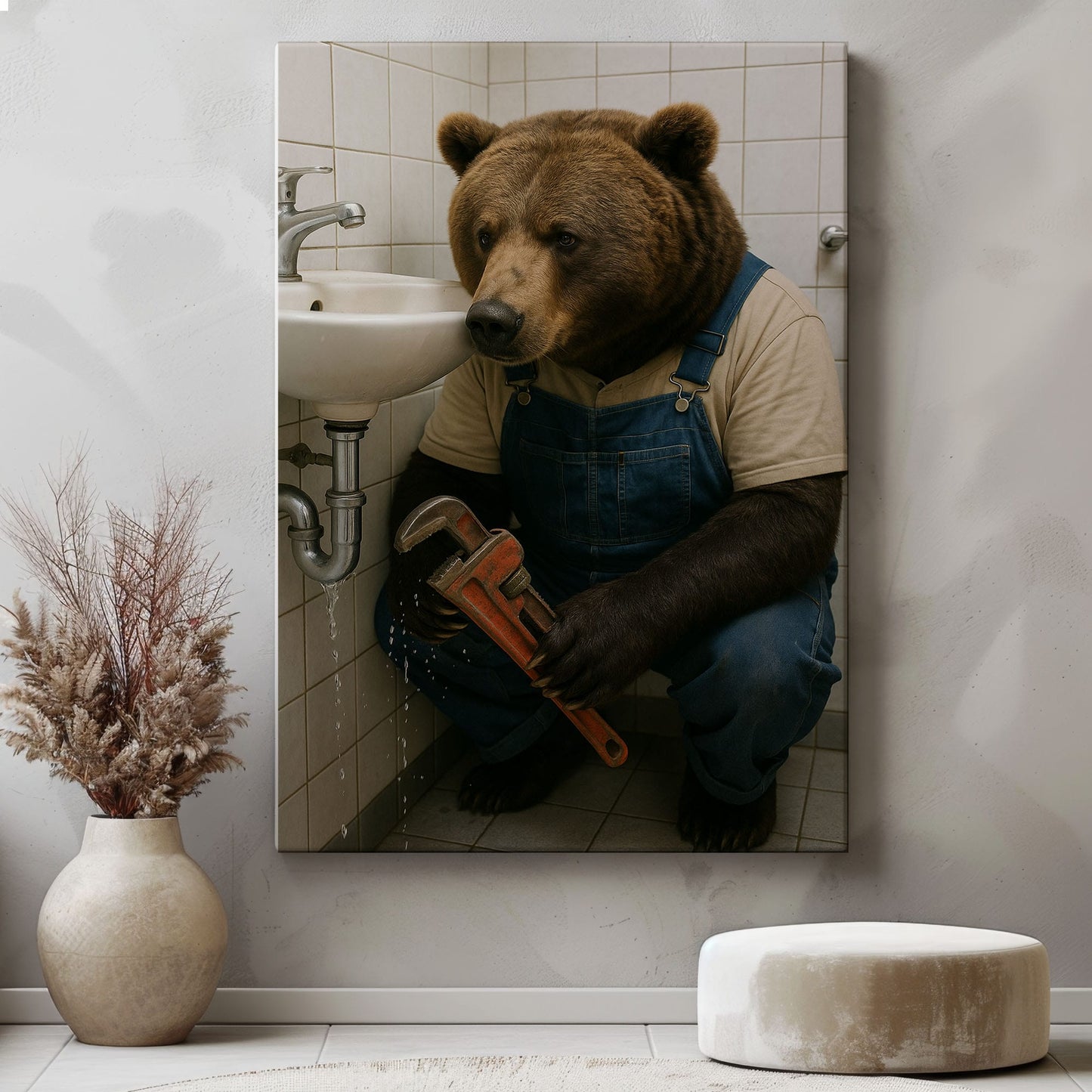 Plumber Bear Canvas Funny Handyman Bathroom Wall Art