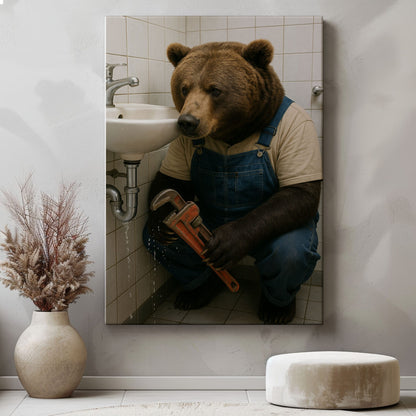 Plumber Bear Canvas Funny Handyman Bathroom Wall Art