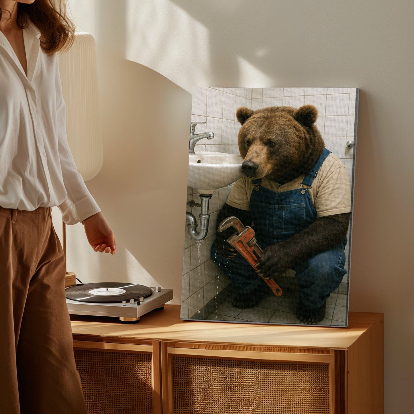 Plumber Bear Canvas Funny Handyman Bathroom Wall Art