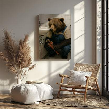 Plumber Bear Canvas Funny Handyman Bathroom Wall Art