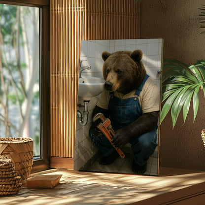 Plumber Bear Canvas Funny Handyman Bathroom Wall Art
