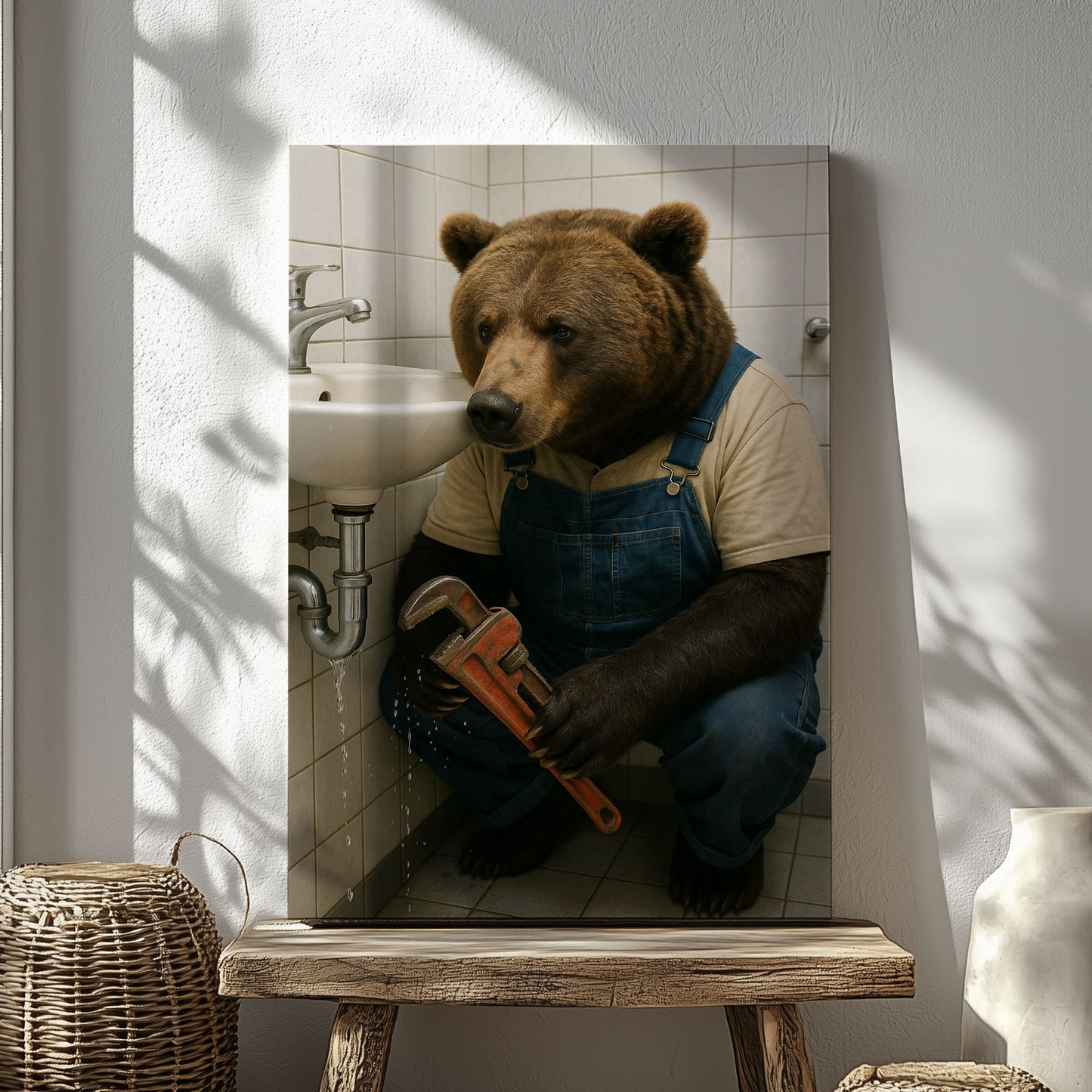 Plumber Bear Canvas Funny Handyman Bathroom Wall Art