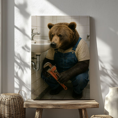Plumber Bear Canvas Funny Handyman Bathroom Wall Art