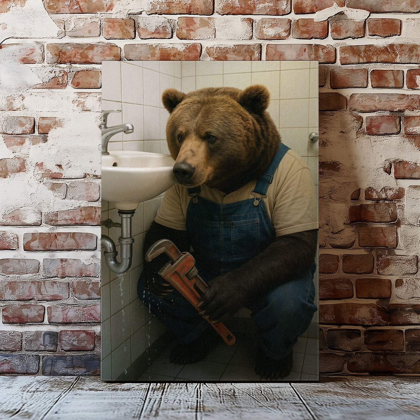 Plumber Bear Canvas Funny Handyman Bathroom Wall Art
