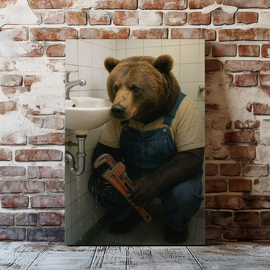 Plumber Bear Canvas Funny Handyman Bathroom Wall Art
