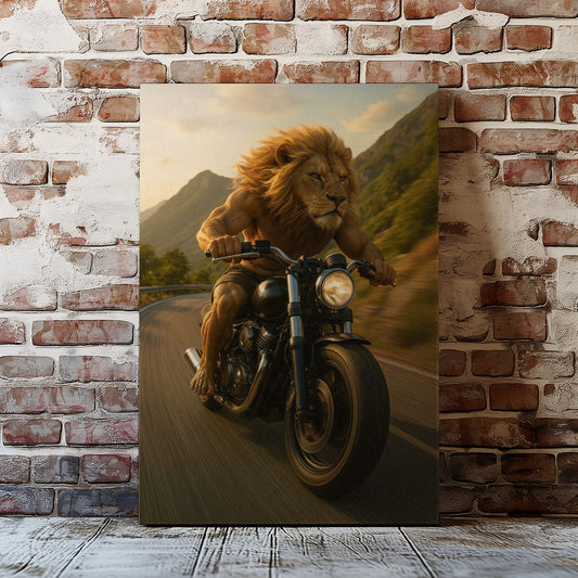 Biker Lion Canvas Badass Motorcycle Animal Wall Art