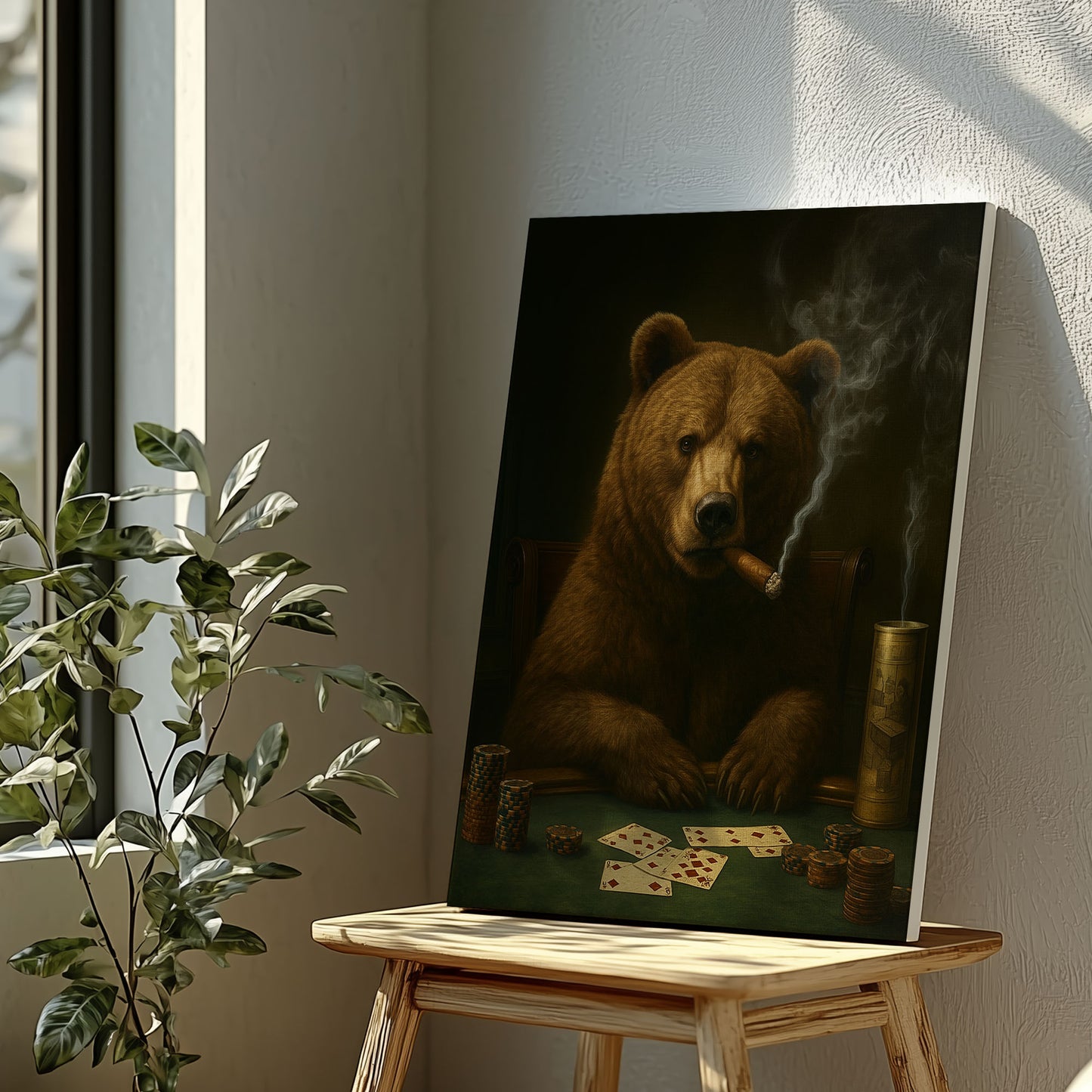 Bear Playing Poker Canvas Cigar Smoking Animal Art Rustic Bar Decor