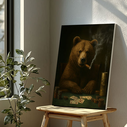 Bear Playing Poker Canvas Cigar Smoking Animal Art Rustic Bar Decor