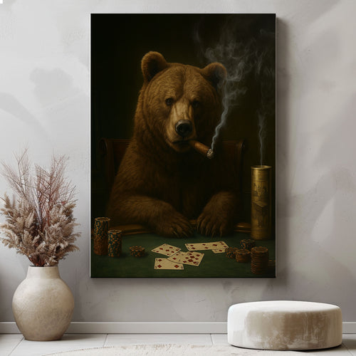 Bear Playing Poker Canvas Cigar Smoking Animal Art Rustic Bar Decor
