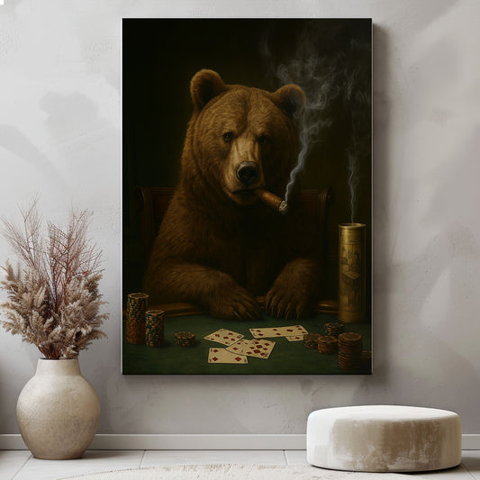 Bear Playing Poker Canvas Cigar Smoking Animal Art Rustic Bar Decor