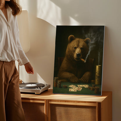 Bear Playing Poker Canvas Cigar Smoking Animal Art Rustic Bar Decor