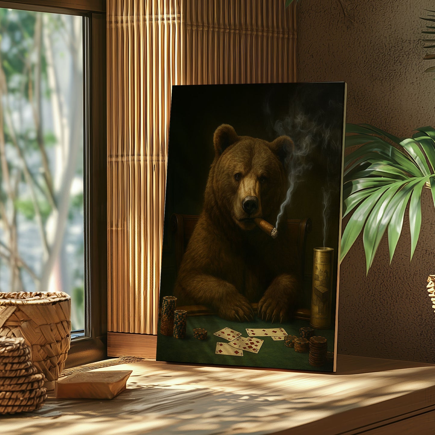 Bear Playing Poker Canvas Cigar Smoking Animal Art Rustic Bar Decor