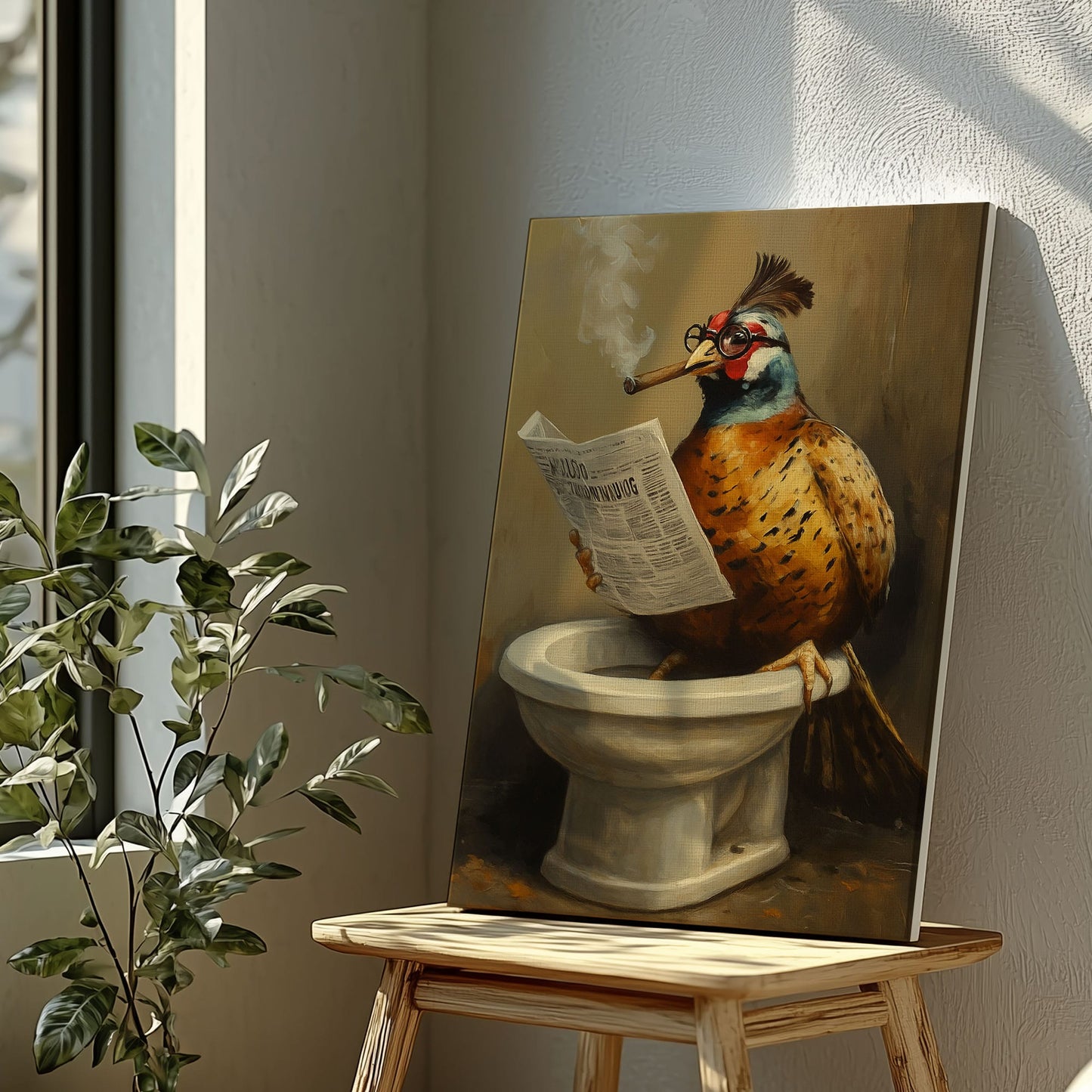 Funny Pheasant Bathroom Canvas – Rustic Cabin Wall Art for Hunters
