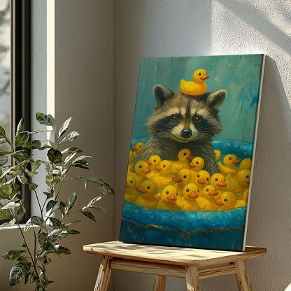Cute Raccoon & Rubber Ducks Canvas – Funny Bathroom Wall Art