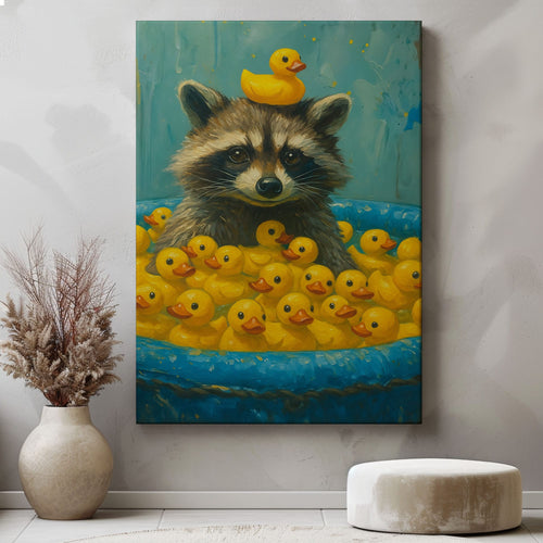 Cute Raccoon & Rubber Ducks Canvas – Funny Bathroom Wall Art