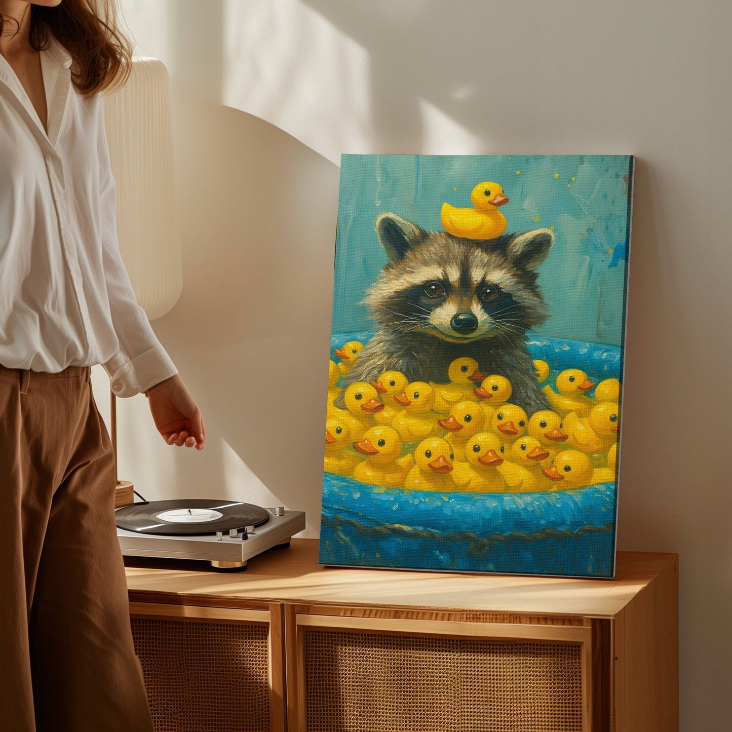 Cute Raccoon & Rubber Ducks Canvas – Funny Bathroom Wall Art