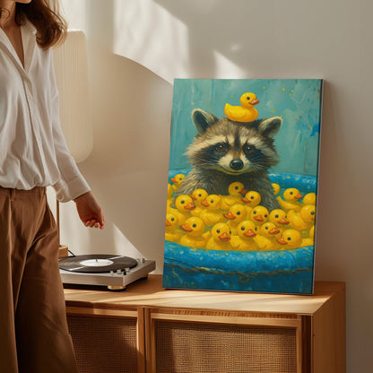 Cute Raccoon & Rubber Ducks Canvas – Funny Bathroom Wall Art