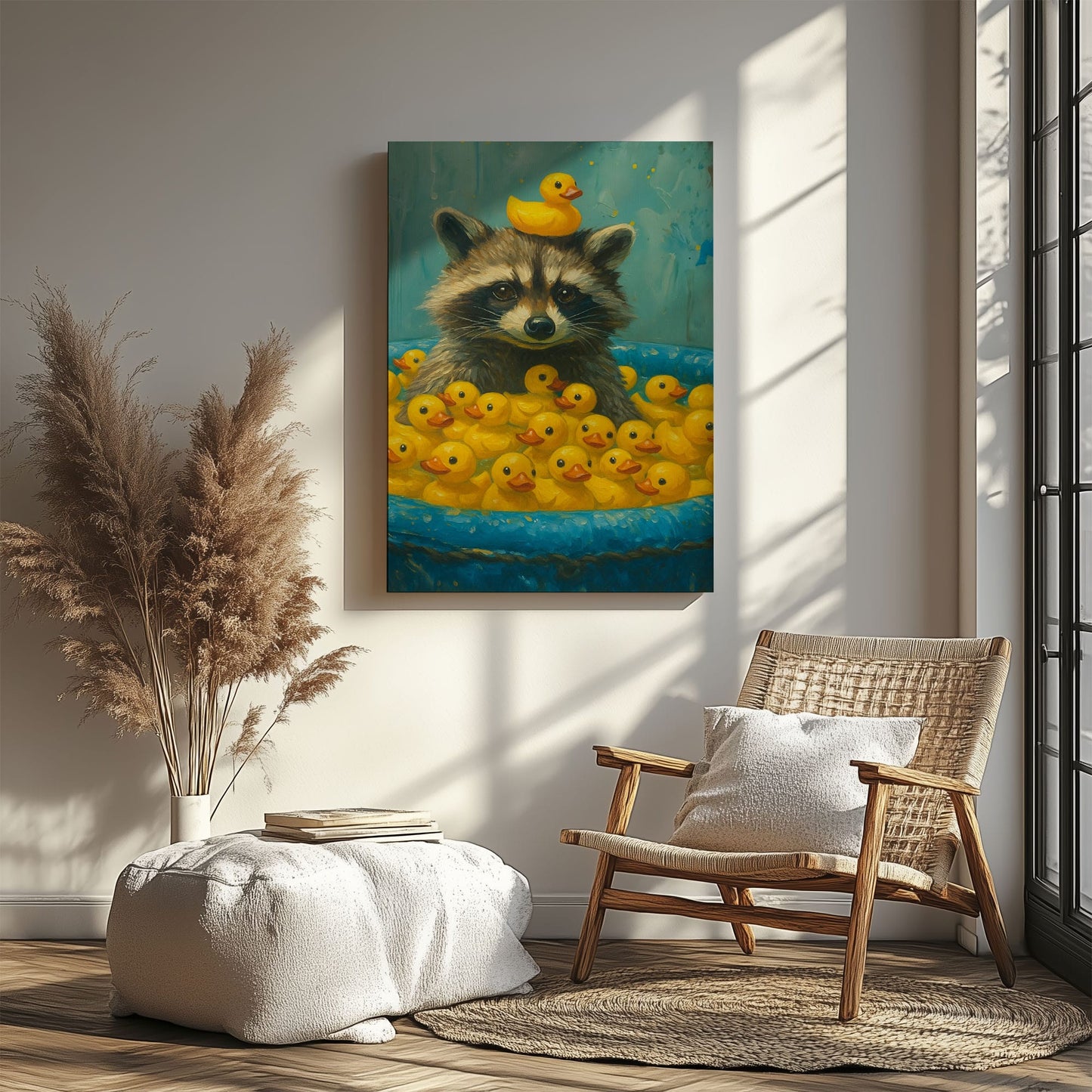 Cute Raccoon & Rubber Ducks Canvas – Funny Bathroom Wall Art