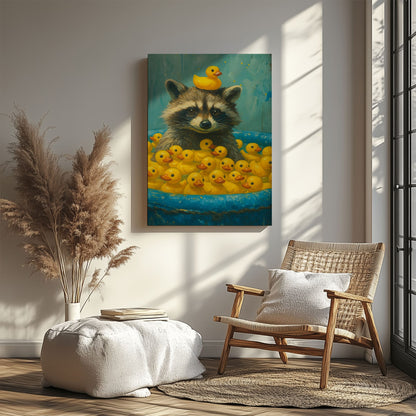 Cute Raccoon & Rubber Ducks Canvas – Funny Bathroom Wall Art