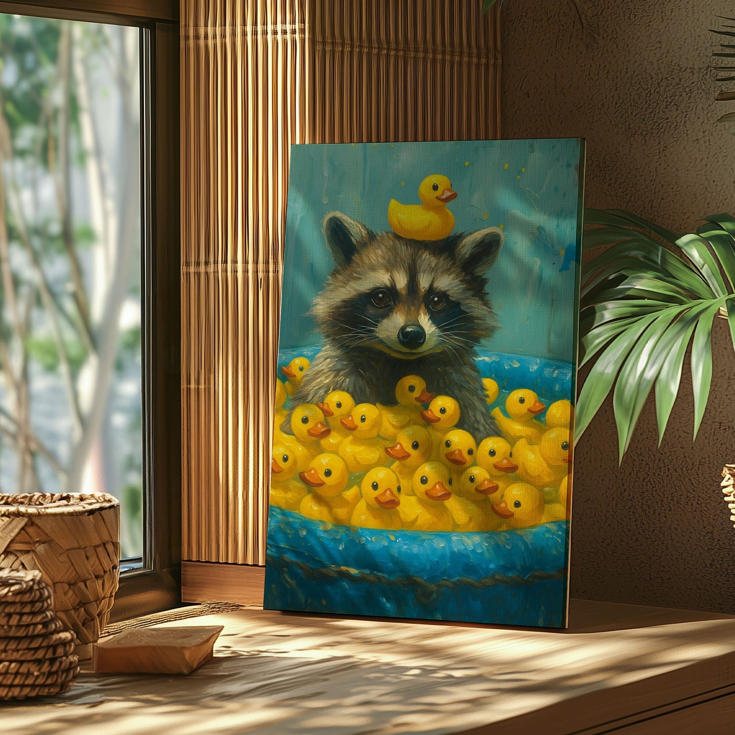 Cute Raccoon & Rubber Ducks Canvas – Funny Bathroom Wall Art