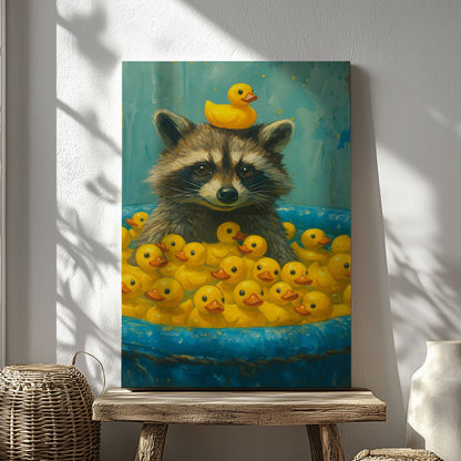 Cute Raccoon & Rubber Ducks Canvas – Funny Bathroom Wall Art