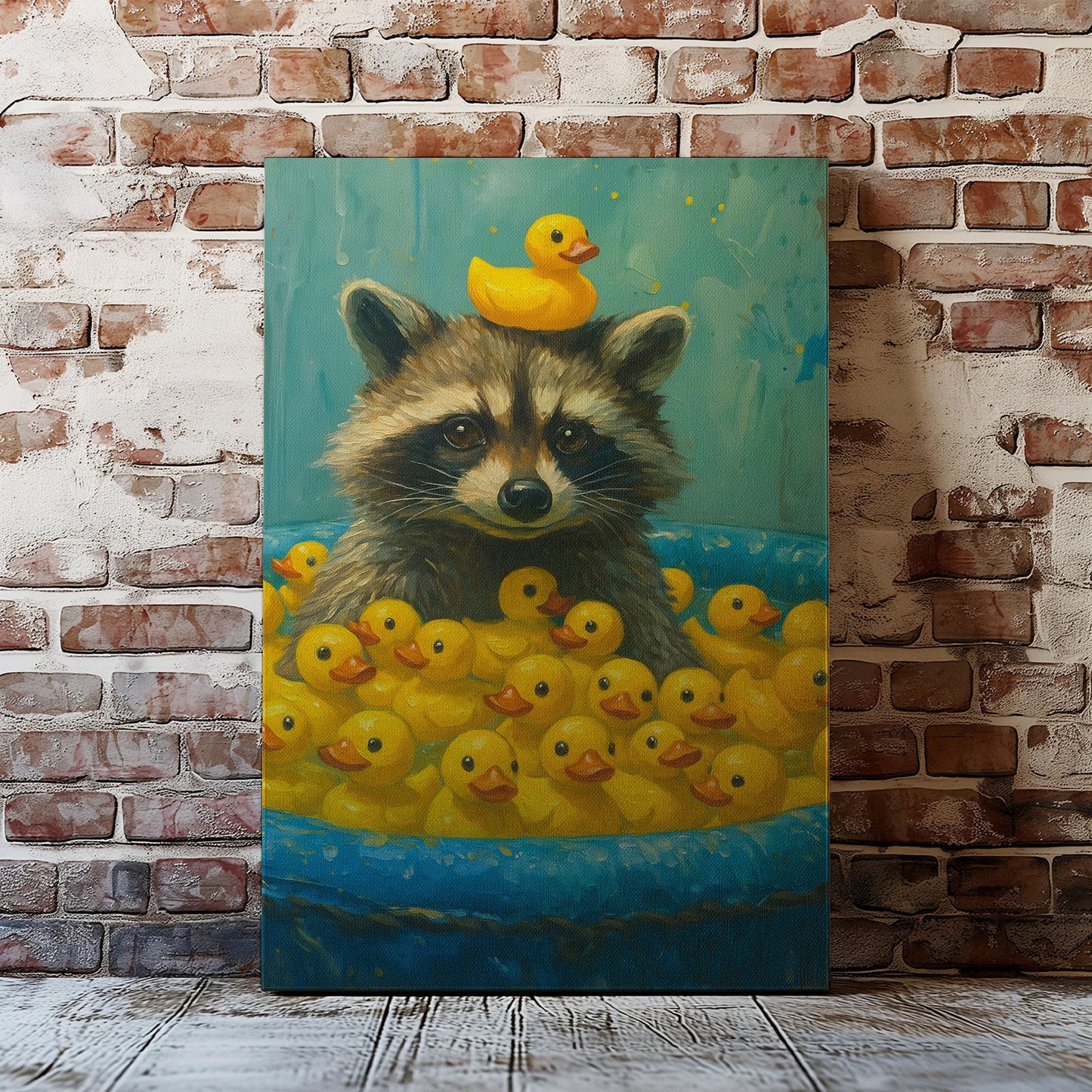 Cute Raccoon & Rubber Ducks Canvas – Funny Bathroom Wall Art