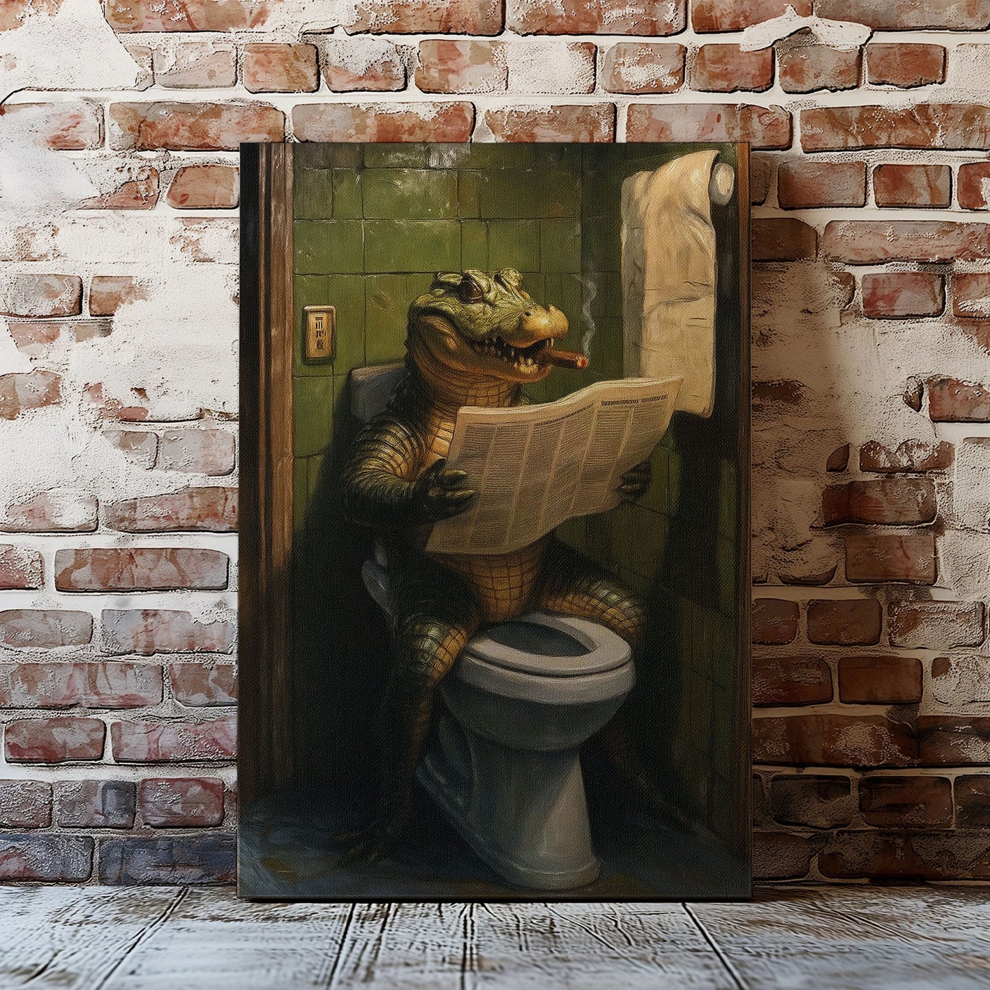 Alligator Reading Newspaper Canvas – Funny Bathroom Wall Art for Hunters