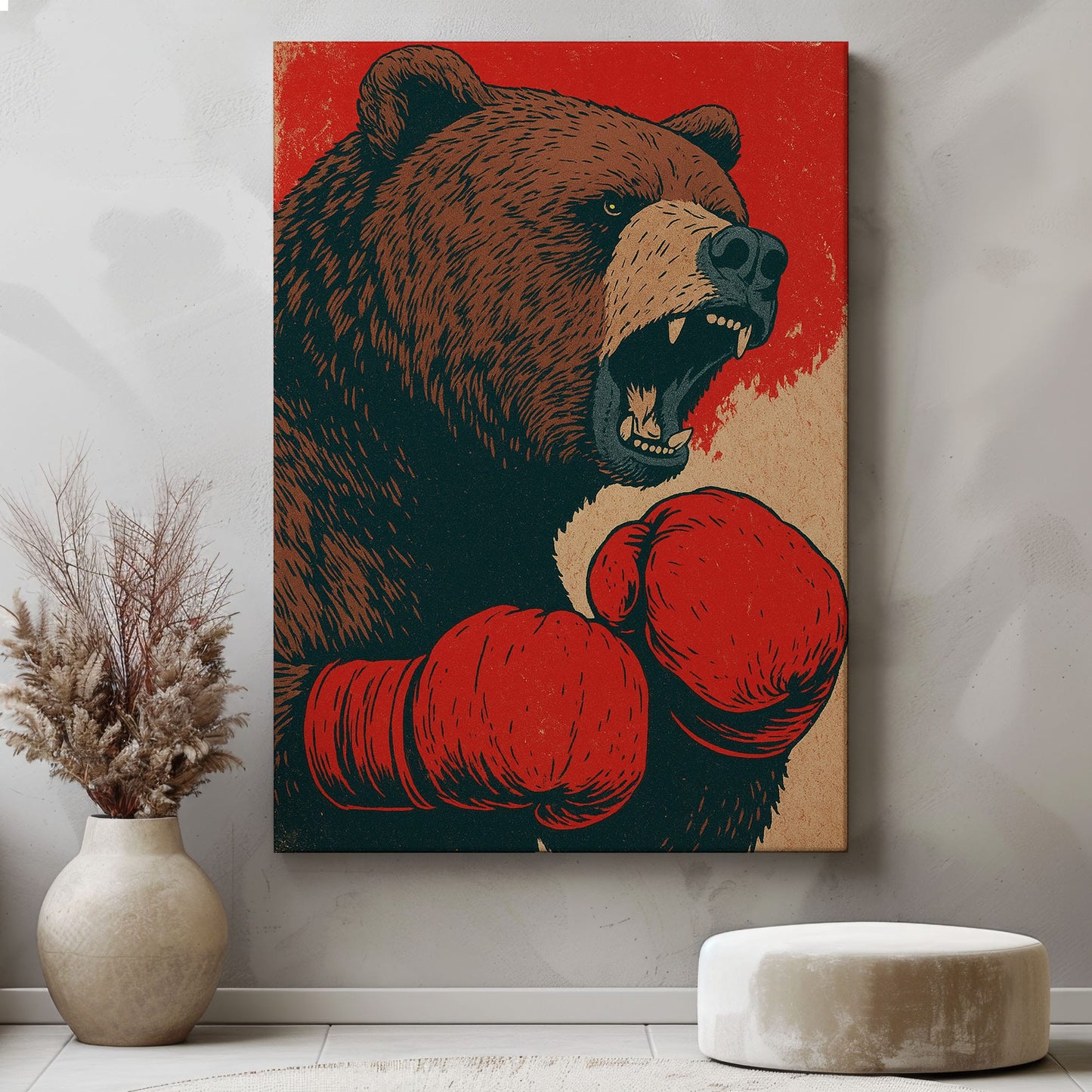 Boxing Bear Canvas Funny Cabin Wall Art for Hunters