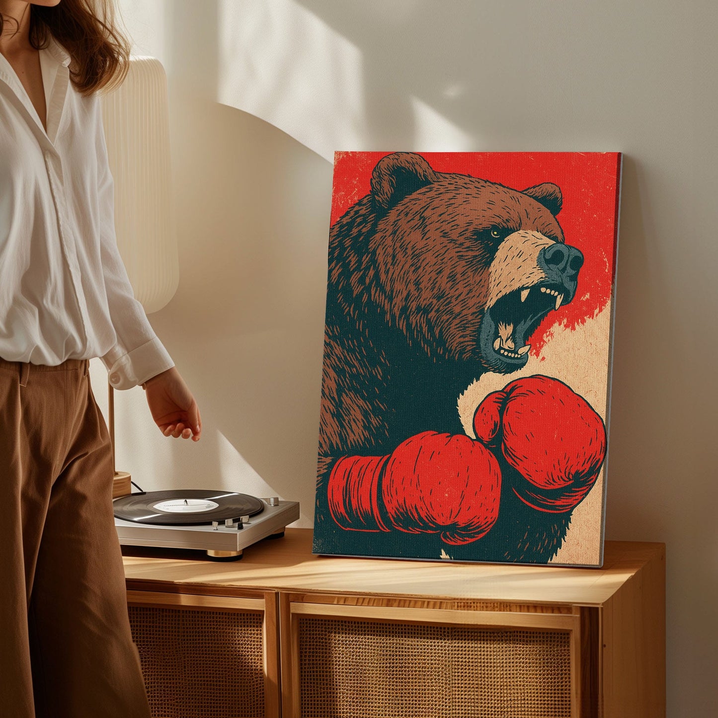 Boxing Bear Canvas Funny Cabin Wall Art for Hunters