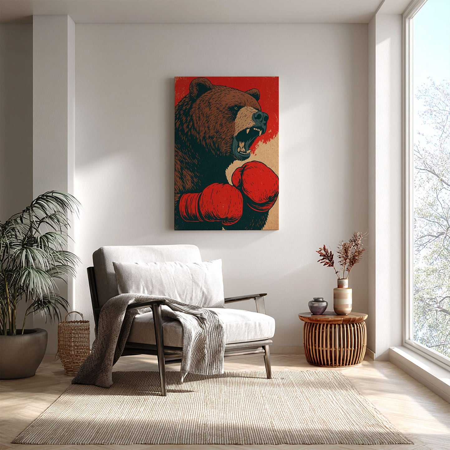 Boxing Bear Canvas Funny Cabin Wall Art for Hunters