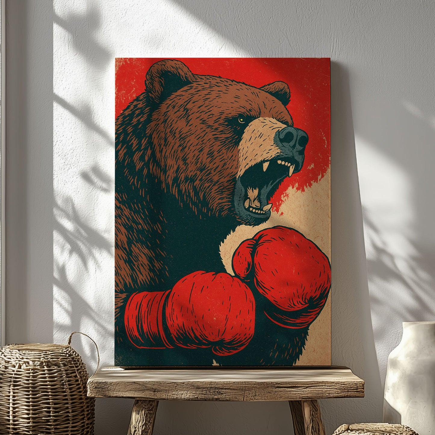 Boxing Bear Canvas Funny Cabin Wall Art for Hunters