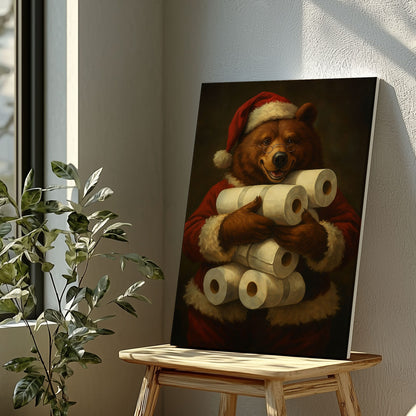 Santa Bear Toilet Paper Canvas – Funny Christmas Cabin Wall Art for Hunters