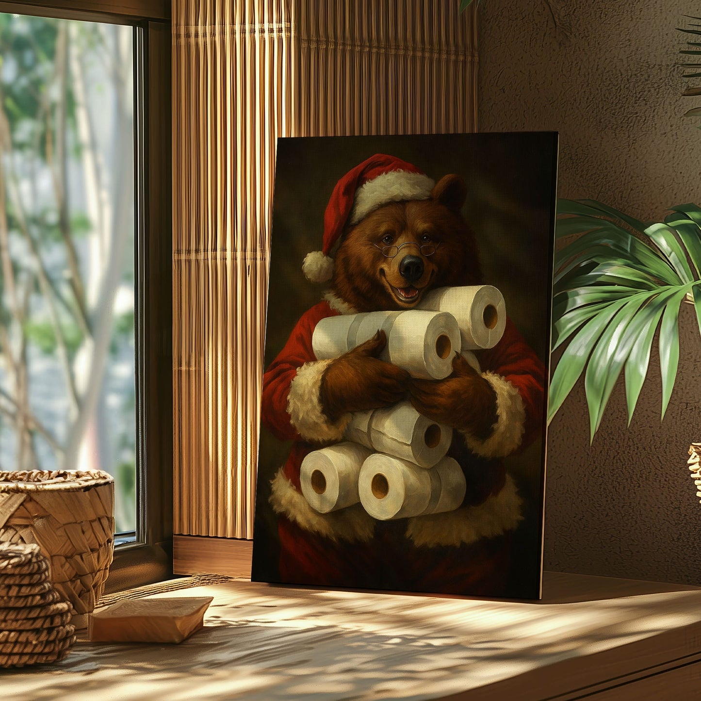 Santa Bear Toilet Paper Canvas – Funny Christmas Cabin Wall Art for Hunters