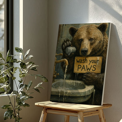 Rustic Bear Bathroom Canvas – Wash Your Paws Signs for Cabin