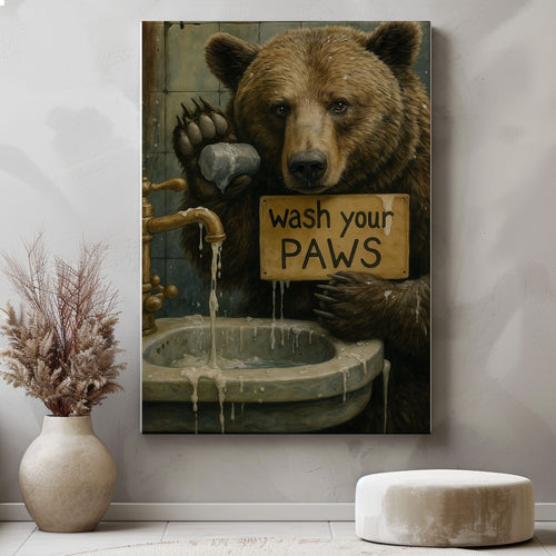 Rustic Bear Bathroom Canvas – Wash Your Paws Signs for Cabin