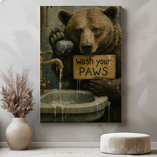 Rustic Bear Bathroom Canvas – Wash Your Paws Signs for Cabin