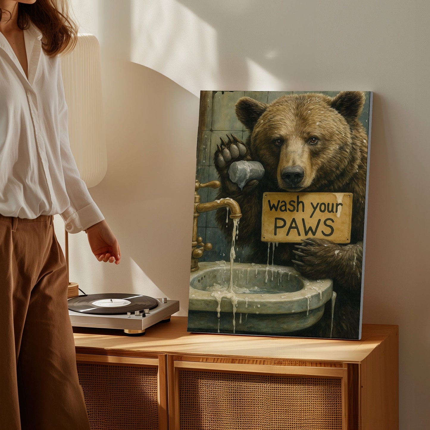 Rustic Bear Bathroom Canvas – Wash Your Paws Signs for Cabin