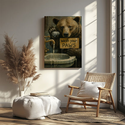 Rustic Bear Bathroom Canvas – Wash Your Paws Signs for Cabin