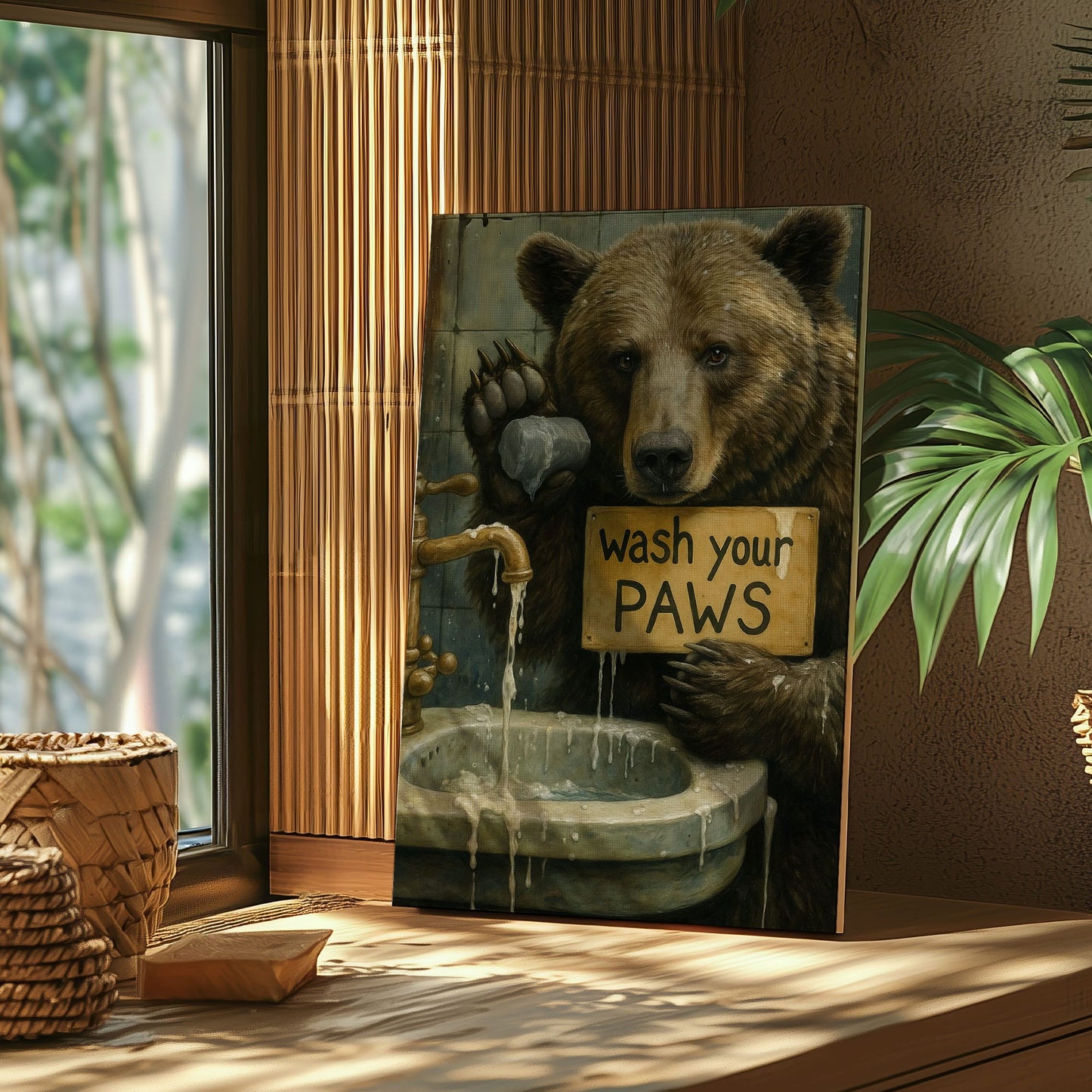 Rustic Bear Bathroom Canvas – Wash Your Paws Signs for Cabin