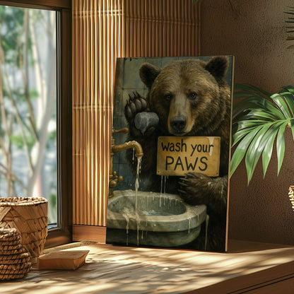 Rustic Bear Bathroom Canvas – Wash Your Paws Signs for Cabin